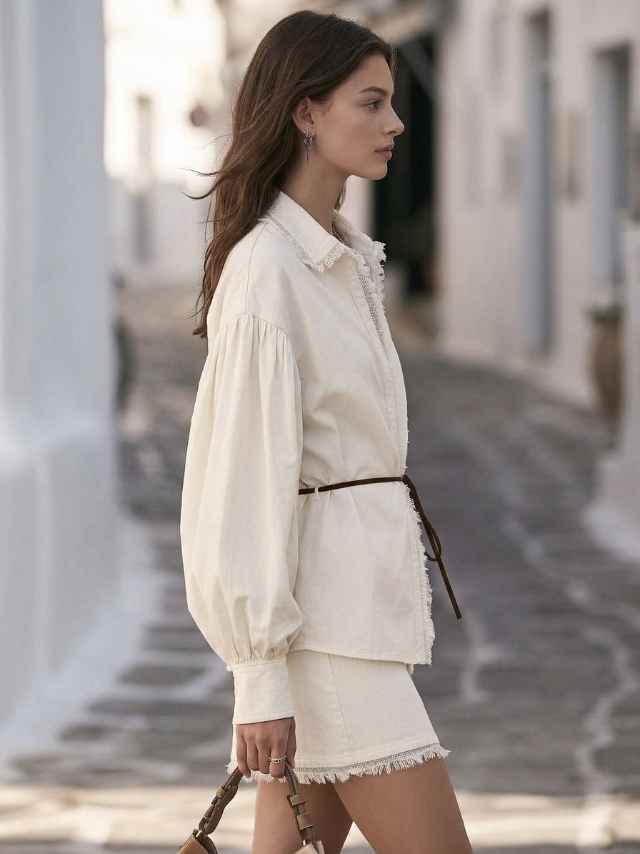 Mediterranean Chic Off‑White Fringe Trim Shirt And Mini Skirt Two‑Piece Outfit