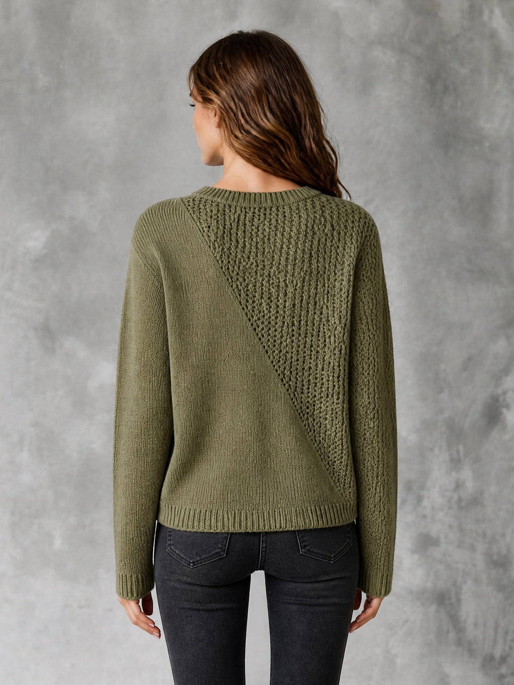 Chic Casual Army Green Round-Neck Long-Sleeve Patchwork Cutout Detail Loose-Fit Wool Blend Knit Sweater
