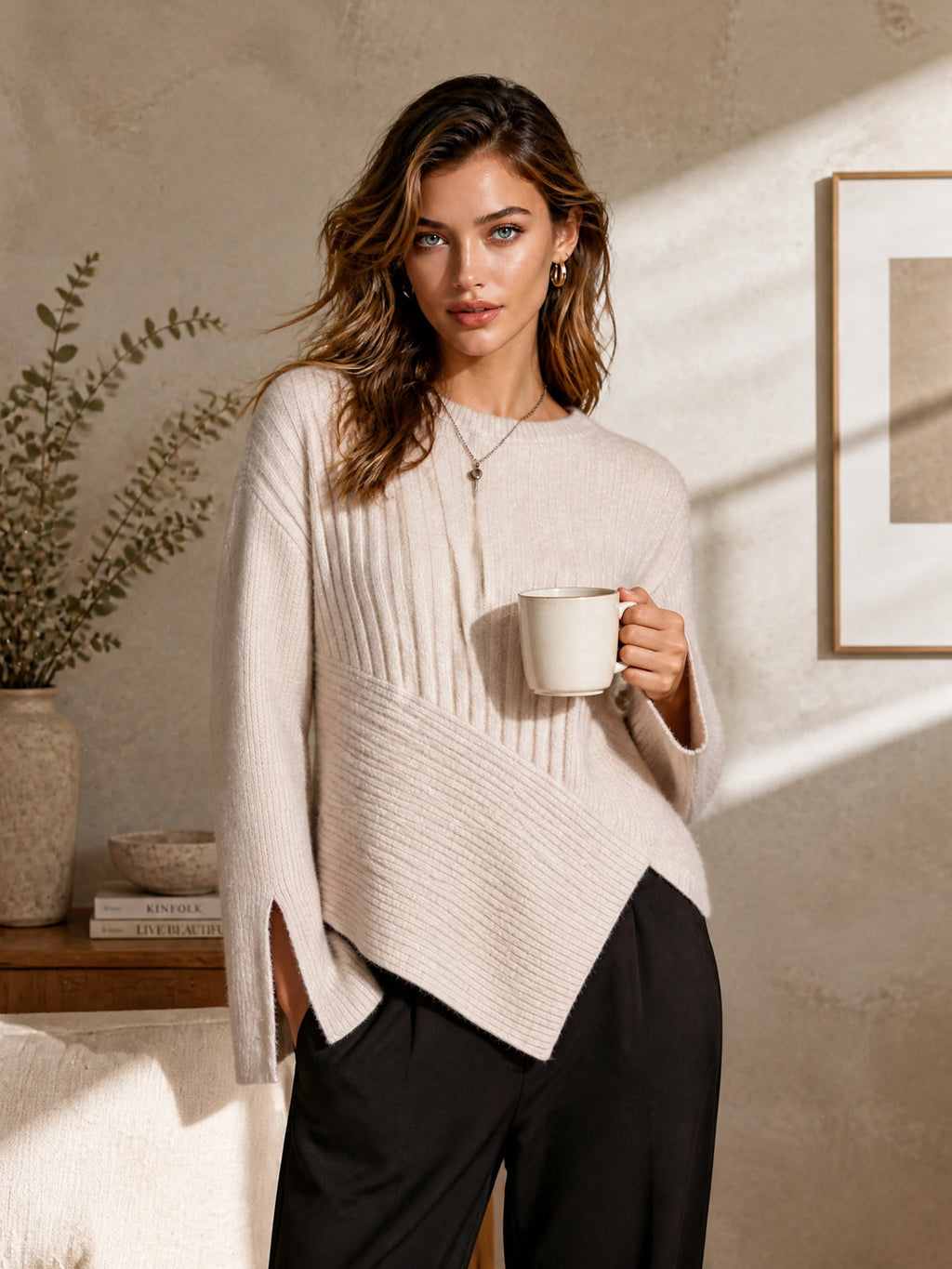 Chic Elegant Oatmeal Round-Neck Long-Sleeve Patchwork Detail Pointed Hem Wool Blend Ribbed Knit Sweater