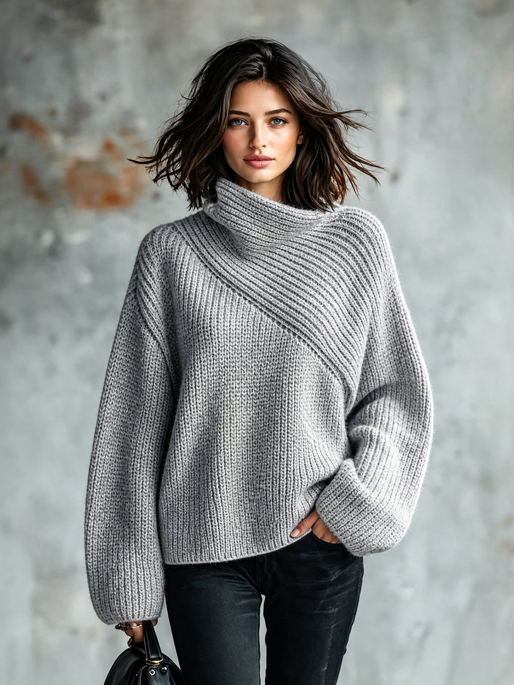 Chic Elegant Gray Asymmetrical Collar Long-Sleeve Loose-Fit Warm Wool Blend Ribbed Knit Sweater