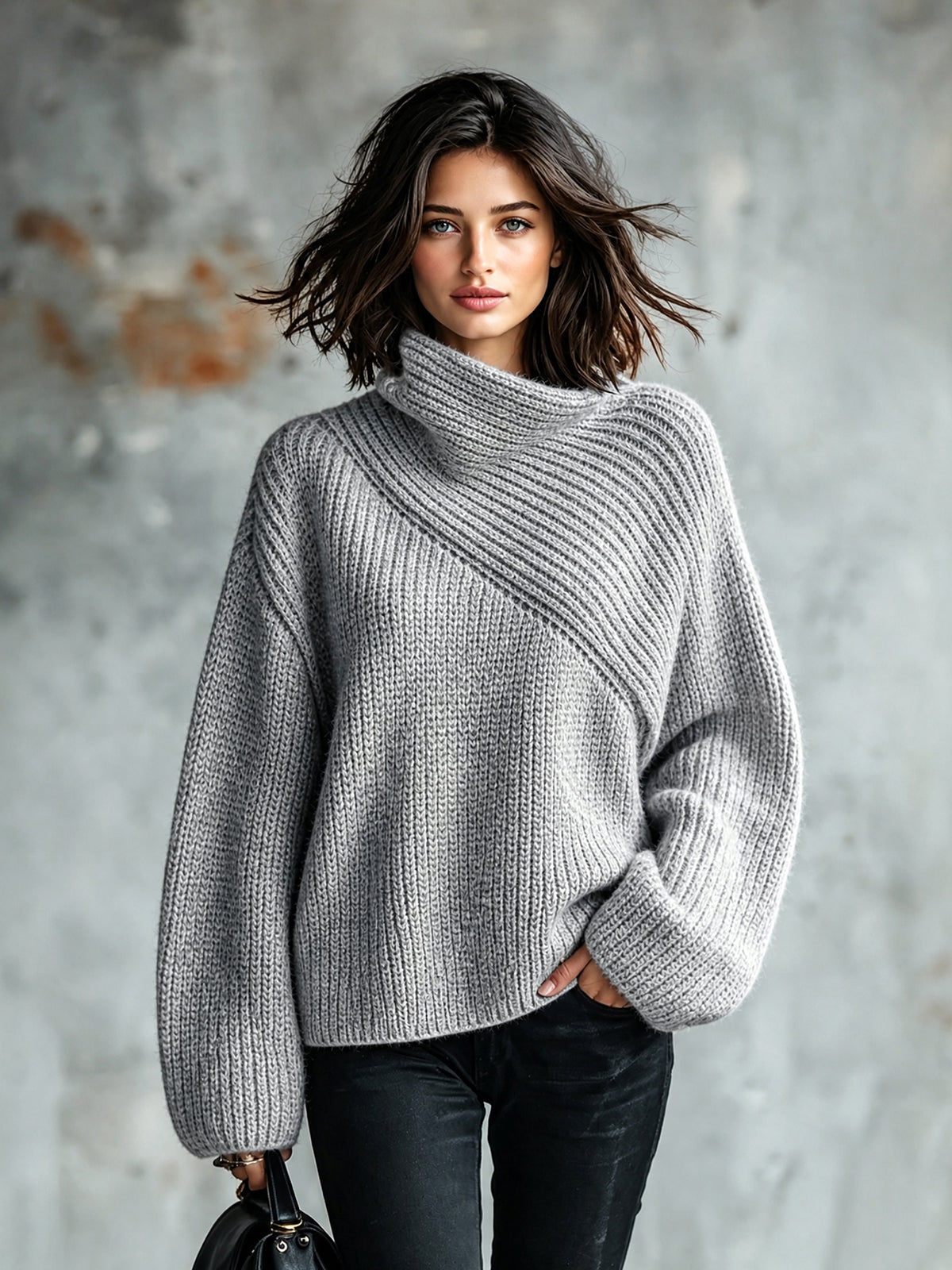 Chic Elegant Gray Asymmetrical Collar Long-Sleeve Loose-Fit Warm Wool Blend Ribbed Knit Sweater