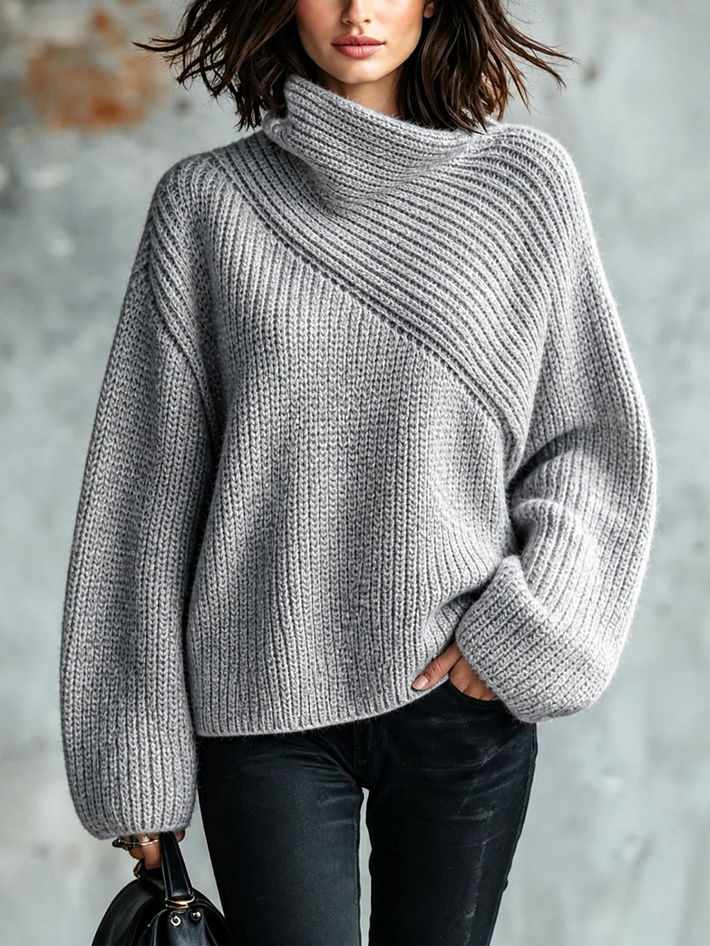 Chic Elegant Gray Asymmetrical Collar Long-Sleeve Loose-Fit Warm Wool Blend Ribbed Knit Sweater