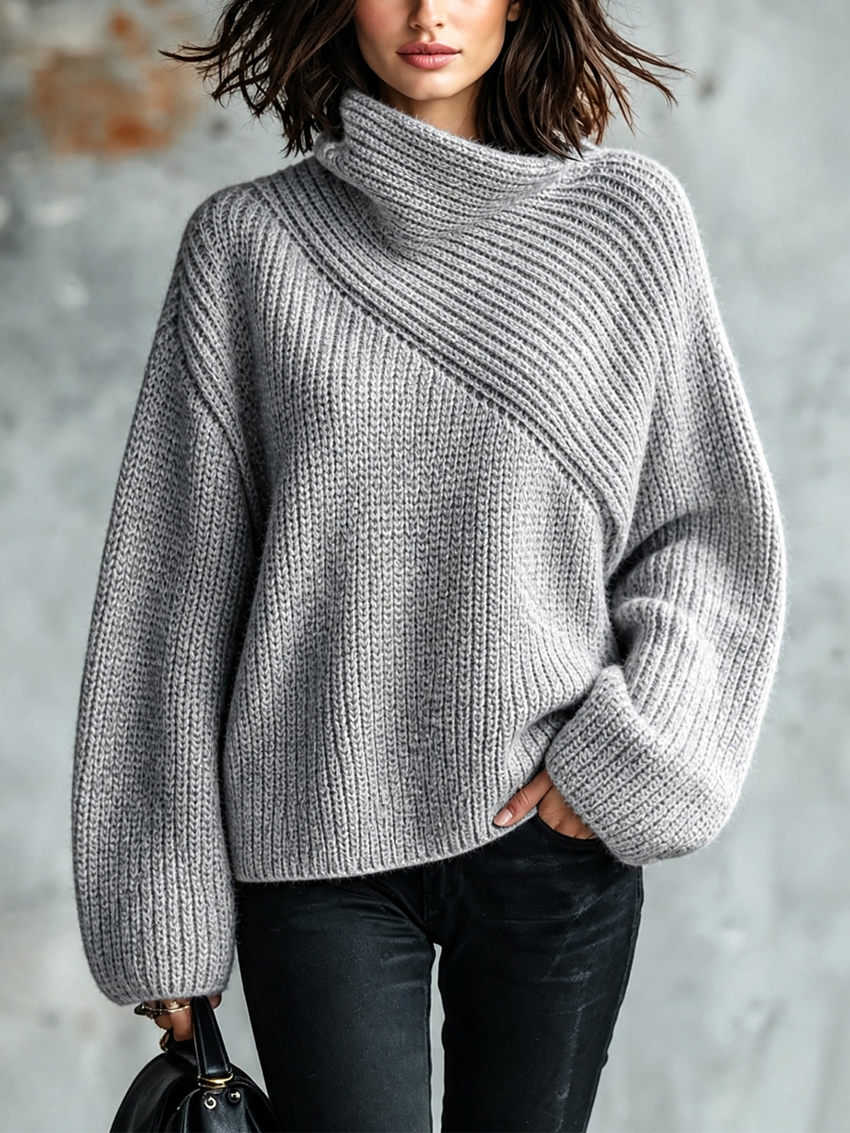 Chic Elegant Gray Asymmetrical Collar Long-Sleeve Loose-Fit Warm Wool Blend Ribbed Knit Sweater
