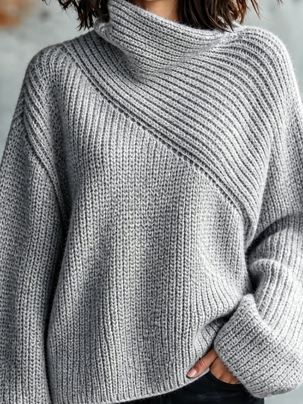 Chic Elegant Gray Asymmetrical Collar Long-Sleeve Loose-Fit Warm Wool Blend Ribbed Knit Sweater