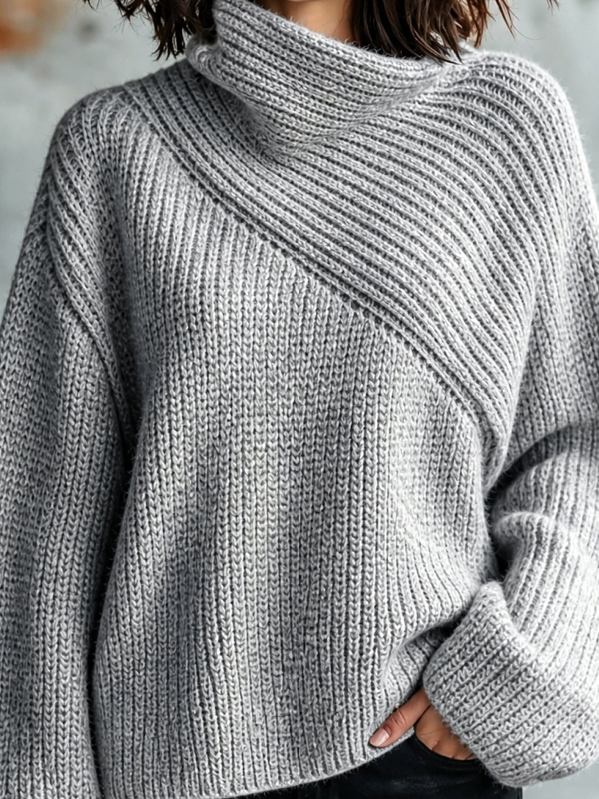 Chic Elegant Gray Asymmetrical Collar Long-Sleeve Loose-Fit Warm Wool Blend Ribbed Knit Sweater