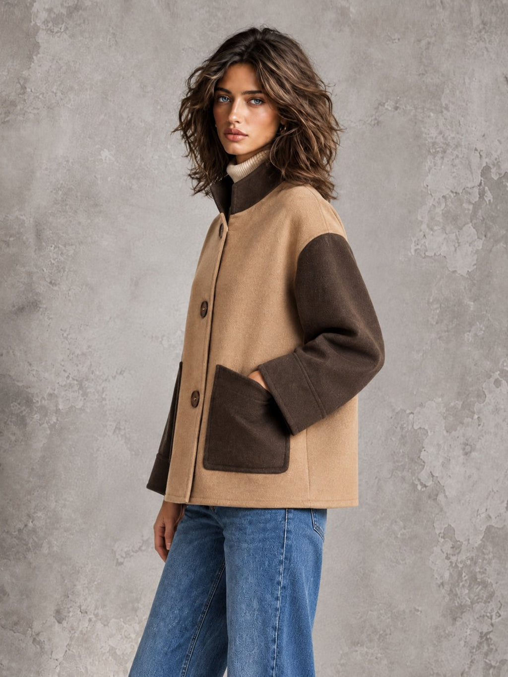Chic Casual Coffee-Camel Colorblock Patchwork Stand-Collar Single-Breasted Patch Pockets Loose-Fit Wool Blend Cropped Coat