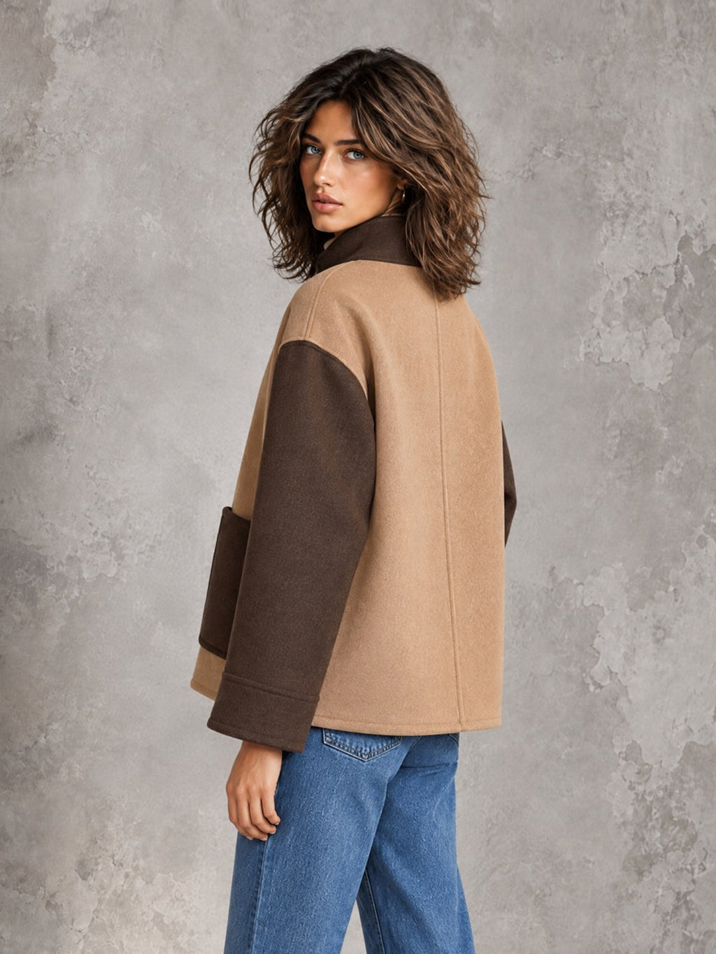 Chic Casual Coffee-Camel Colorblock Patchwork Stand-Collar Single-Breasted Patch Pockets Loose-Fit Wool Blend Cropped Coat