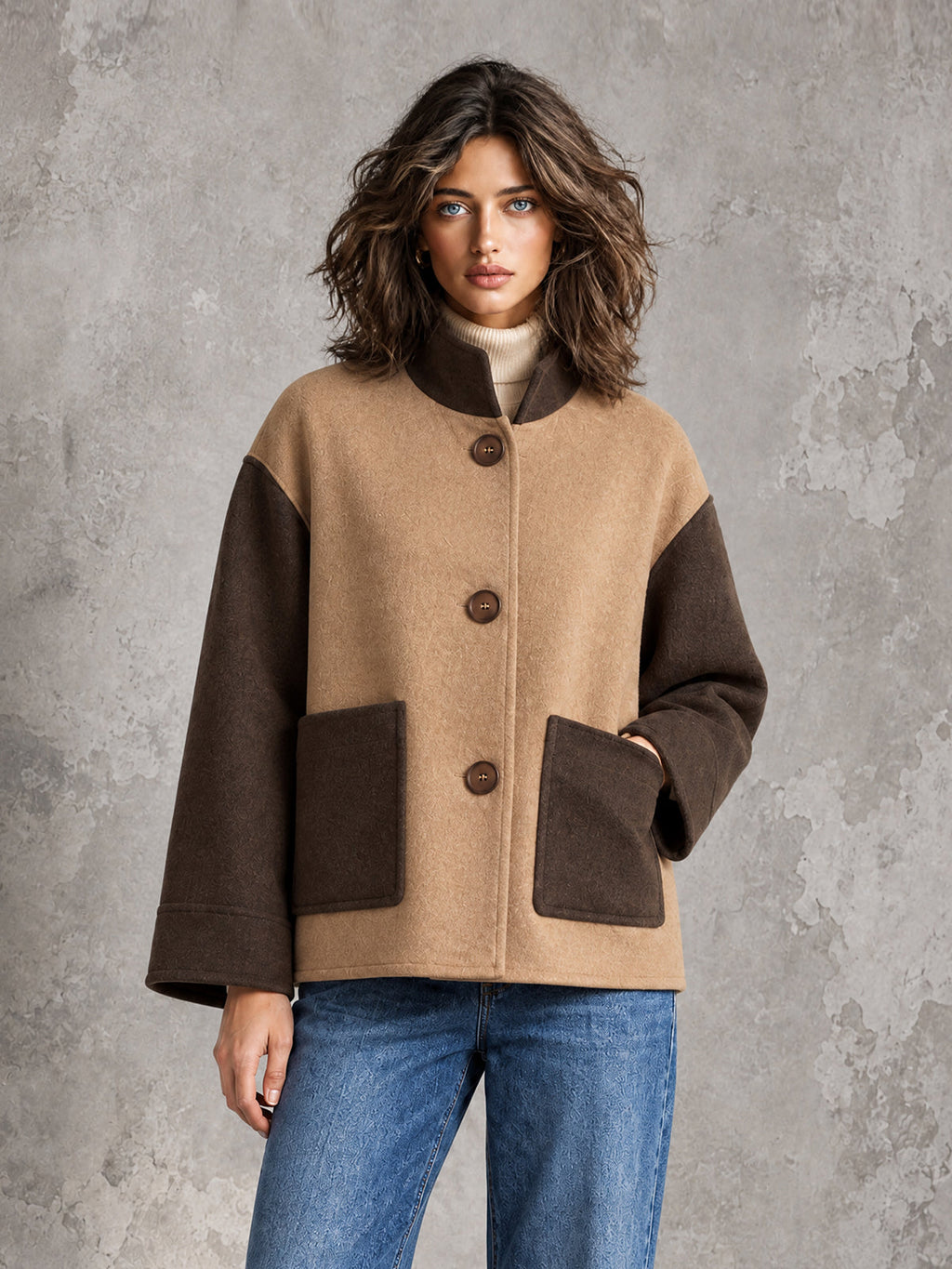 Chic Casual Coffee-Camel Colorblock Patchwork Stand-Collar Single-Breasted Patch Pockets Loose-Fit Wool Blend Cropped Coat
