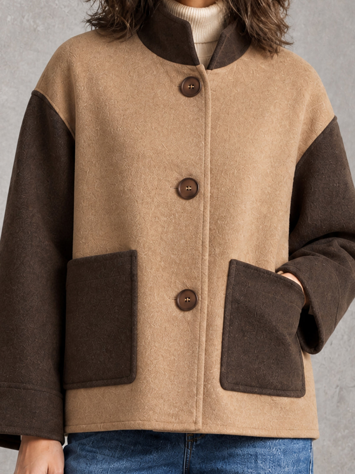 Chic Casual Coffee-Camel Colorblock Patchwork Stand-Collar Single-Breasted Patch Pockets Loose-Fit Wool Blend Cropped Coat
