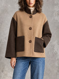 Chic Casual Coffee-Camel Colorblock Patchwork Stand-Collar Single-Breasted Patch Pockets Loose-Fit Wool Blend Cropped Coat
