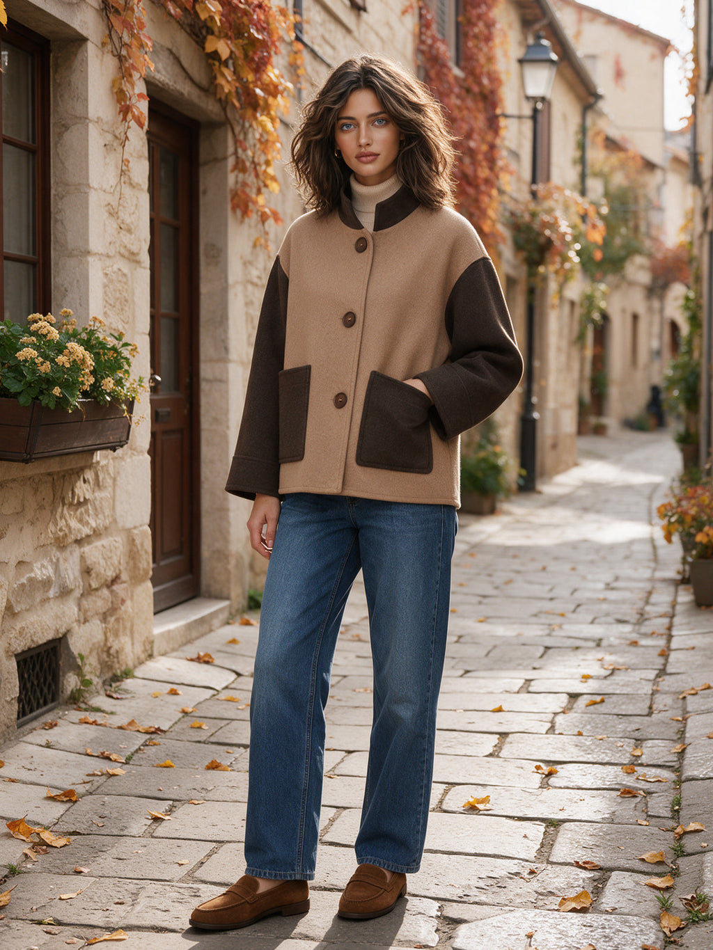 Chic Casual Coffee-Camel Colorblock Patchwork Stand-Collar Single-Breasted Patch Pockets Loose-Fit Wool Blend Cropped Coat
