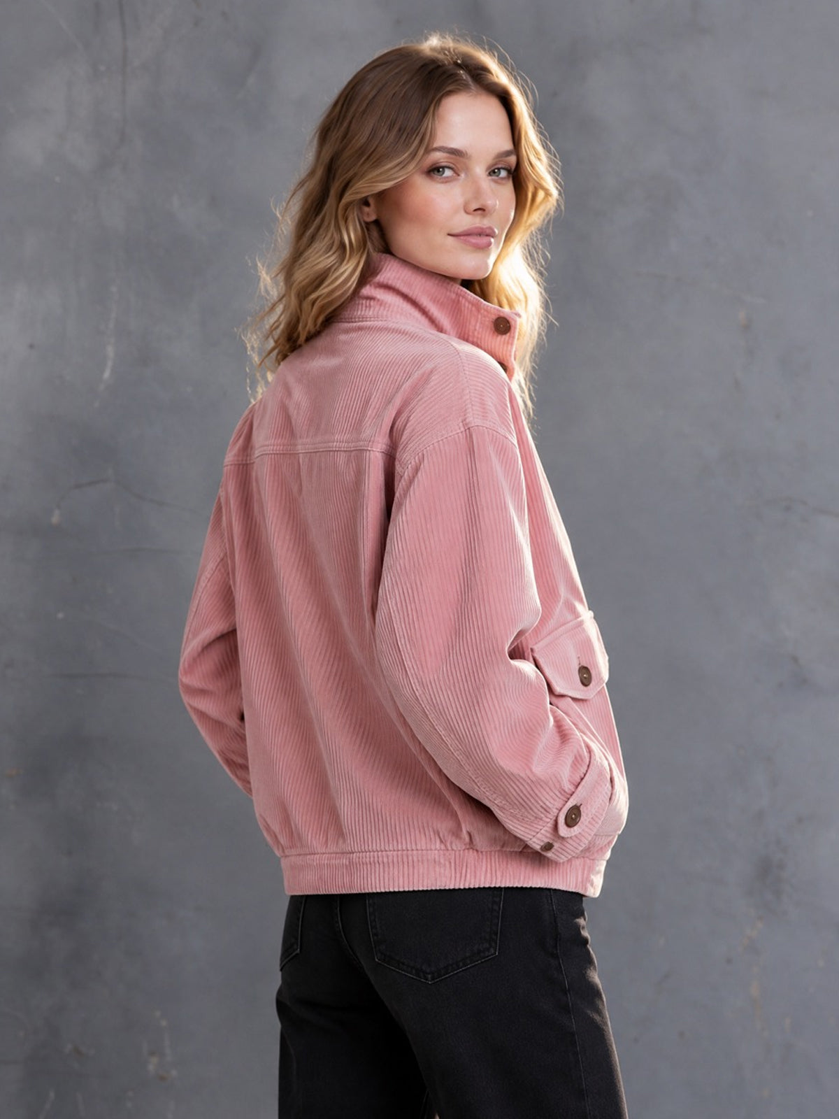 Chic Casual Pink Corduroy Stand-Collar Single-Breasted Long-Sleeve Multi-Pocket Loose-Fit Bomber Jacket
