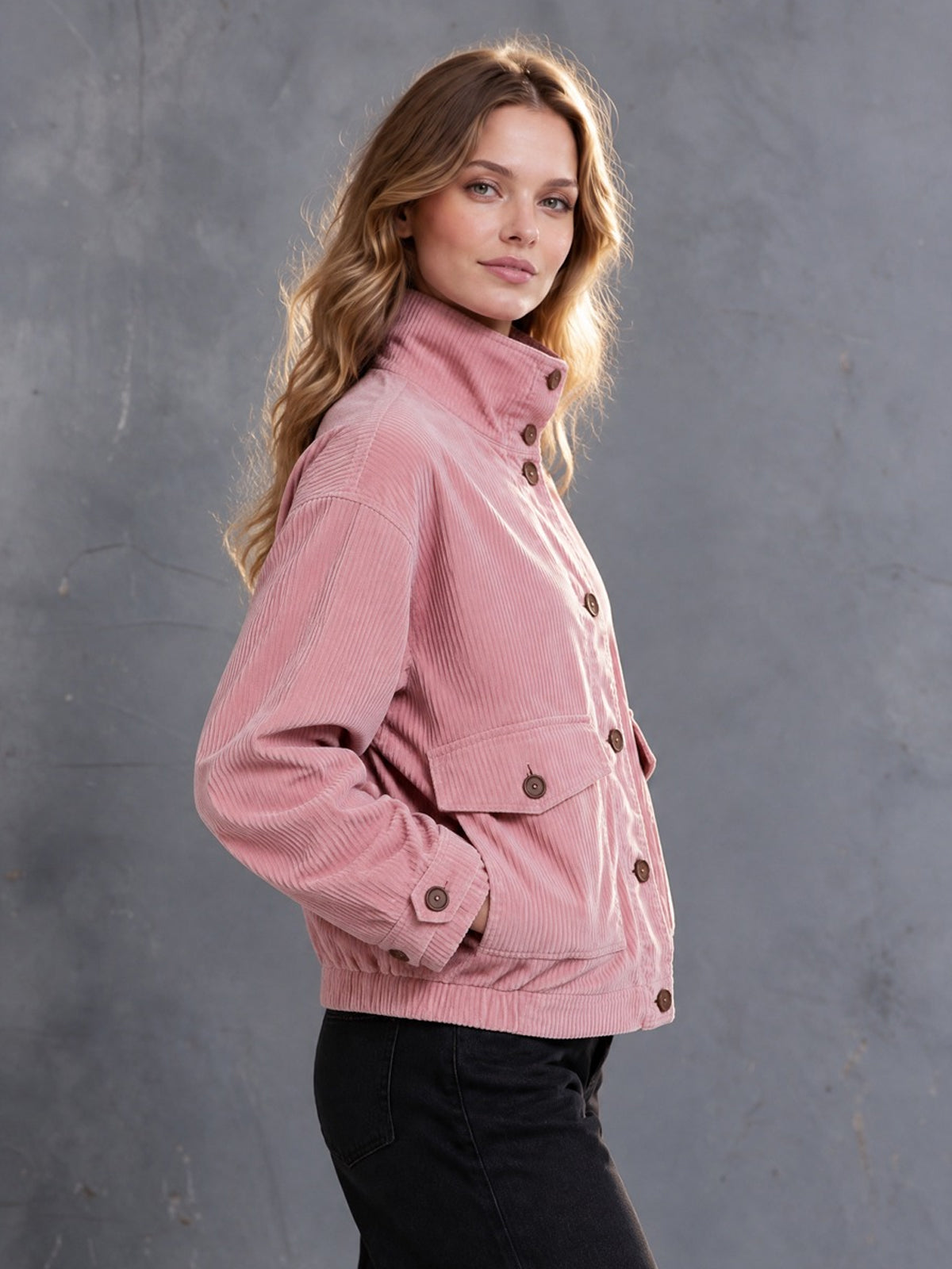 Chic Casual Pink Corduroy Stand-Collar Single-Breasted Long-Sleeve Multi-Pocket Loose-Fit Bomber Jacket