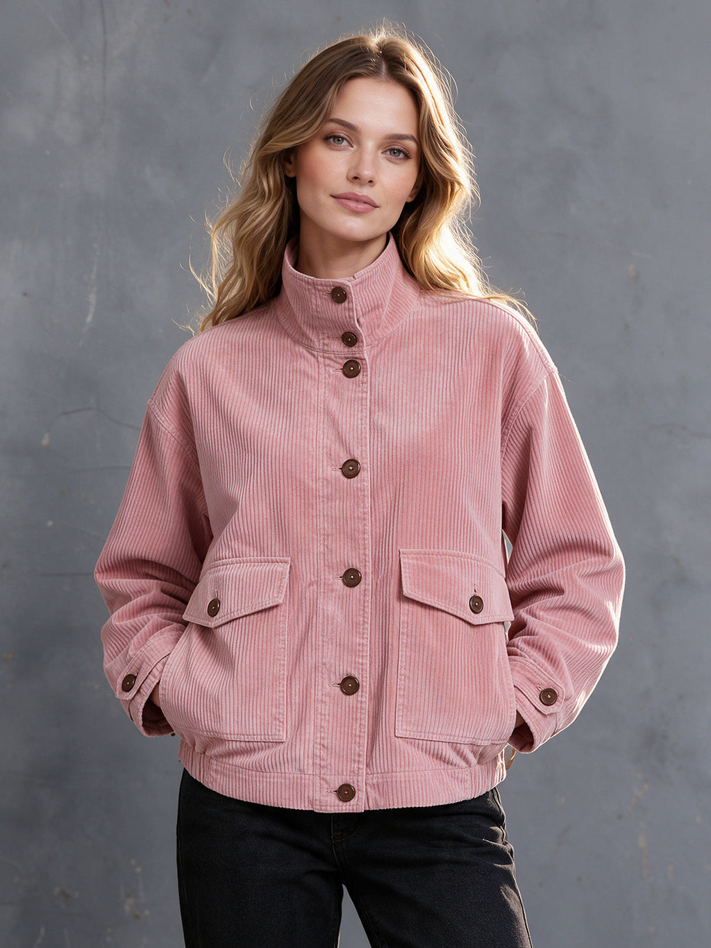 Chic Casual Pink Corduroy Stand-Collar Single-Breasted Long-Sleeve Multi-Pocket Loose-Fit Bomber Jacket