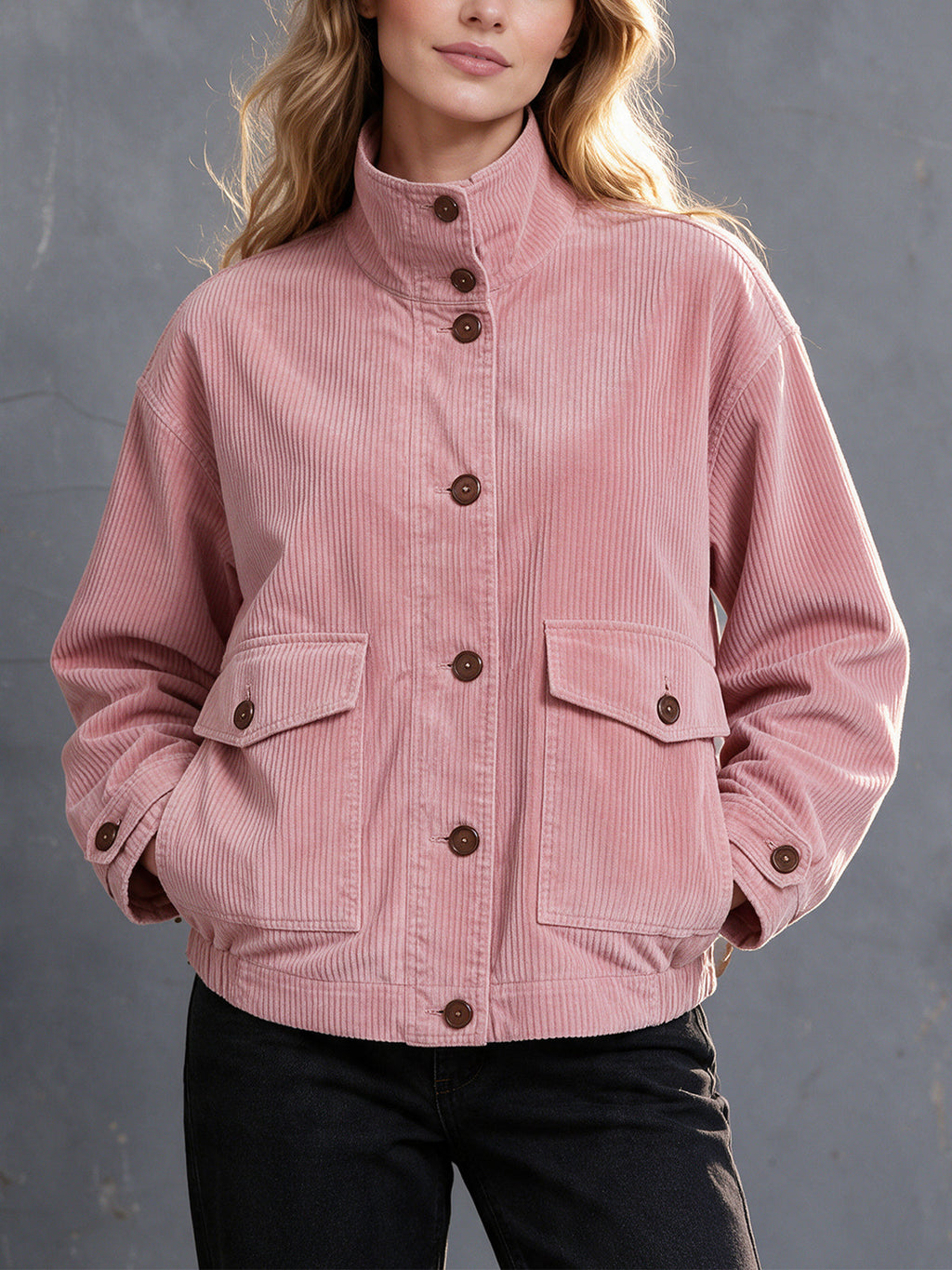 Chic Casual Pink Corduroy Stand-Collar Single-Breasted Long-Sleeve Multi-Pocket Loose-Fit Bomber Jacket