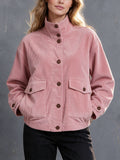 Chic Casual Pink Corduroy Stand-Collar Single-Breasted Long-Sleeve Multi-Pocket Loose-Fit Bomber Jacket