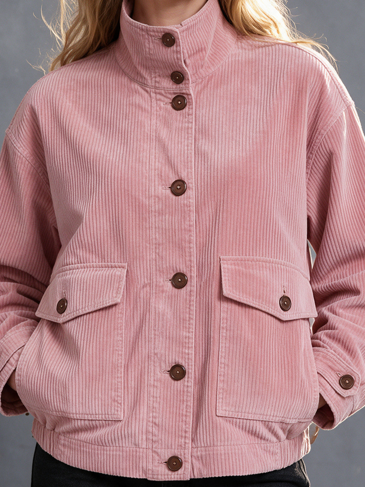 Chic Casual Pink Corduroy Stand-Collar Single-Breasted Long-Sleeve Multi-Pocket Loose-Fit Bomber Jacket