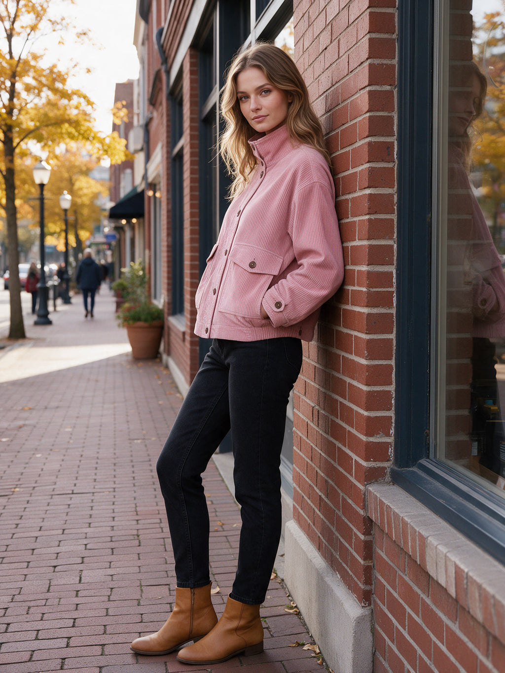 Chic Casual Pink Corduroy Stand-Collar Single-Breasted Long-Sleeve Multi-Pocket Loose-Fit Bomber Jacket