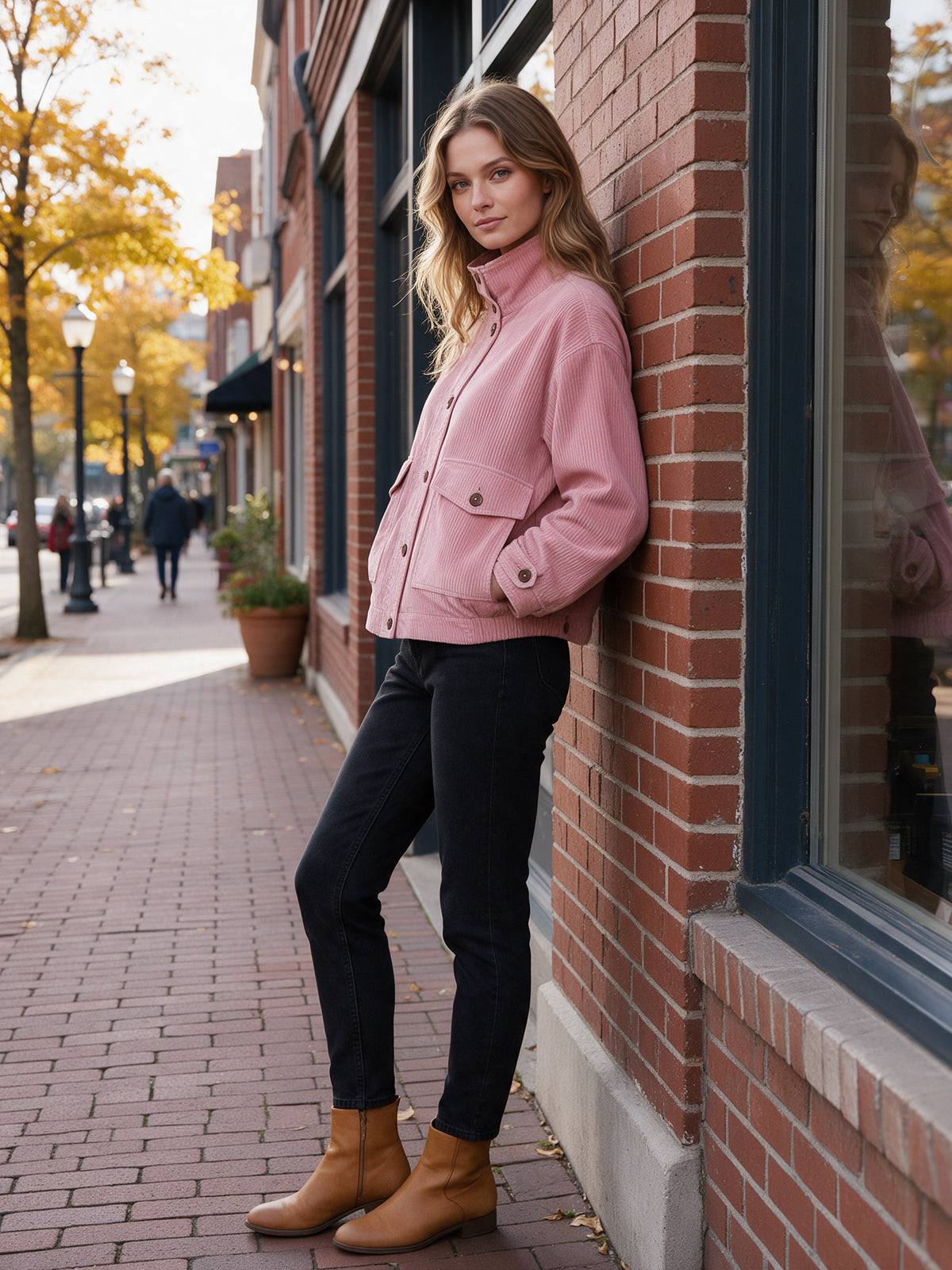 Chic Casual Pink Corduroy Stand-Collar Single-Breasted Long-Sleeve Multi-Pocket Loose-Fit Bomber Jacket