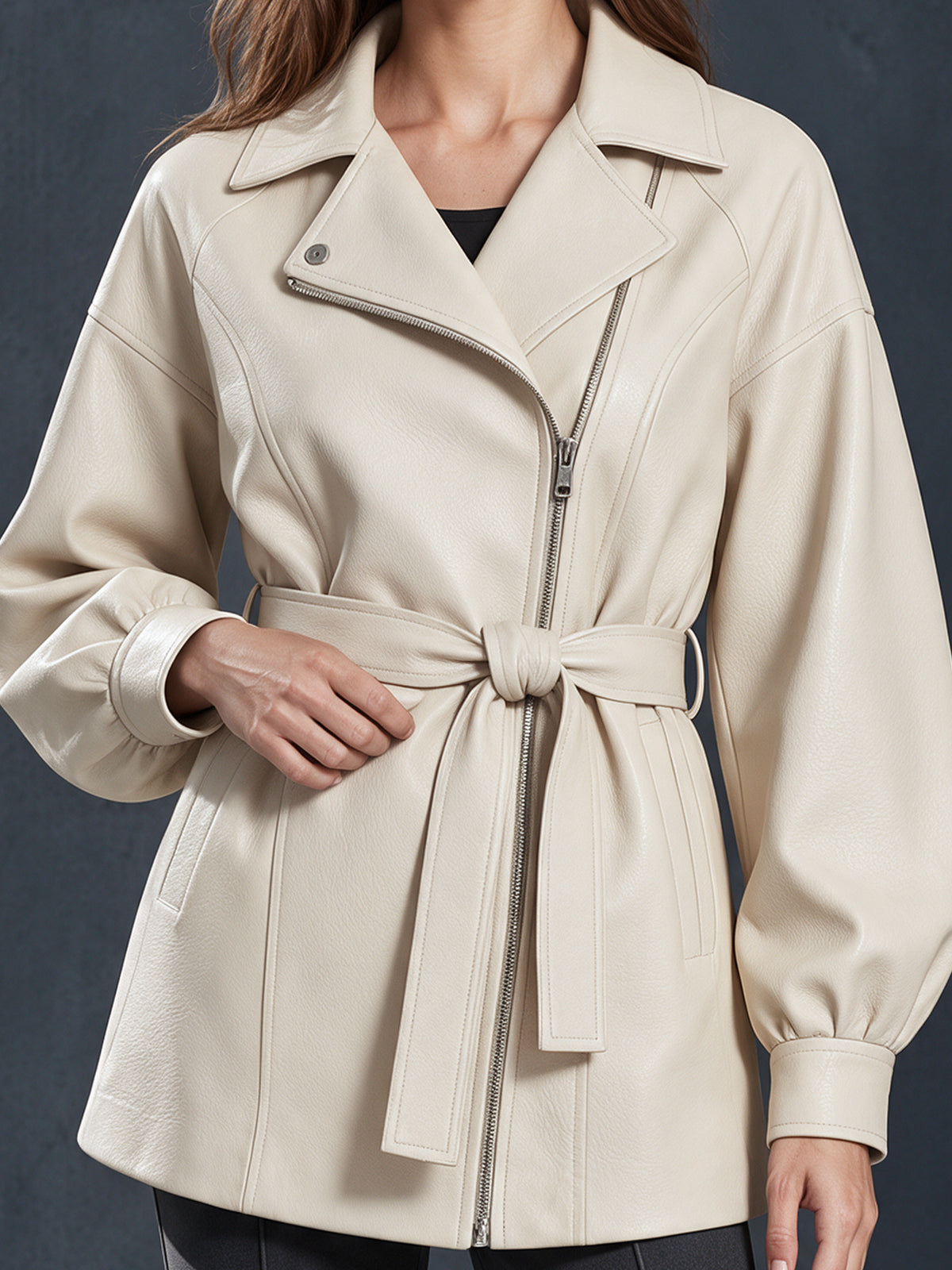 Chic Elegant Cream White Faux Leather Notched Lapel Zipper-Placket Long-Sleeve Belted Loose-Fit Coat