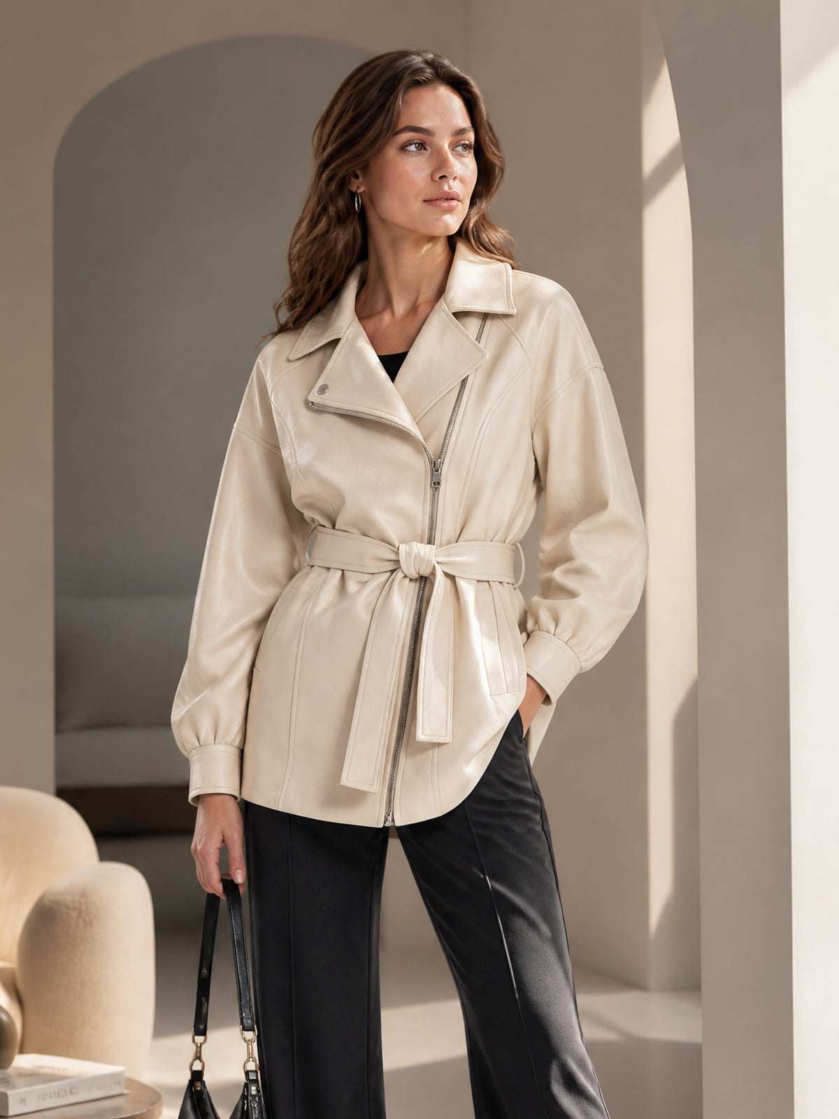 Chic Elegant Cream White Faux Leather Notched Lapel Zipper-Placket Long-Sleeve Belted Loose-Fit Coat