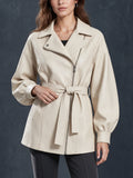 Chic Elegant Cream White Faux Leather Notched Lapel Zipper-Placket Long-Sleeve Belted Loose-Fit Coat