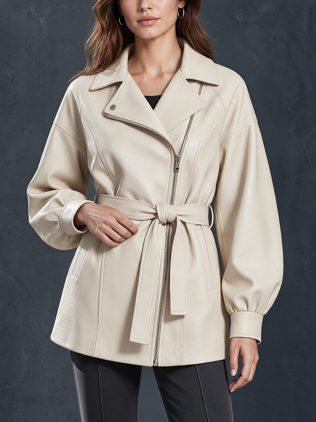 Chic Elegant Cream White Faux Leather Notched Lapel Zipper-Placket Long-Sleeve Belted Loose-Fit Coat