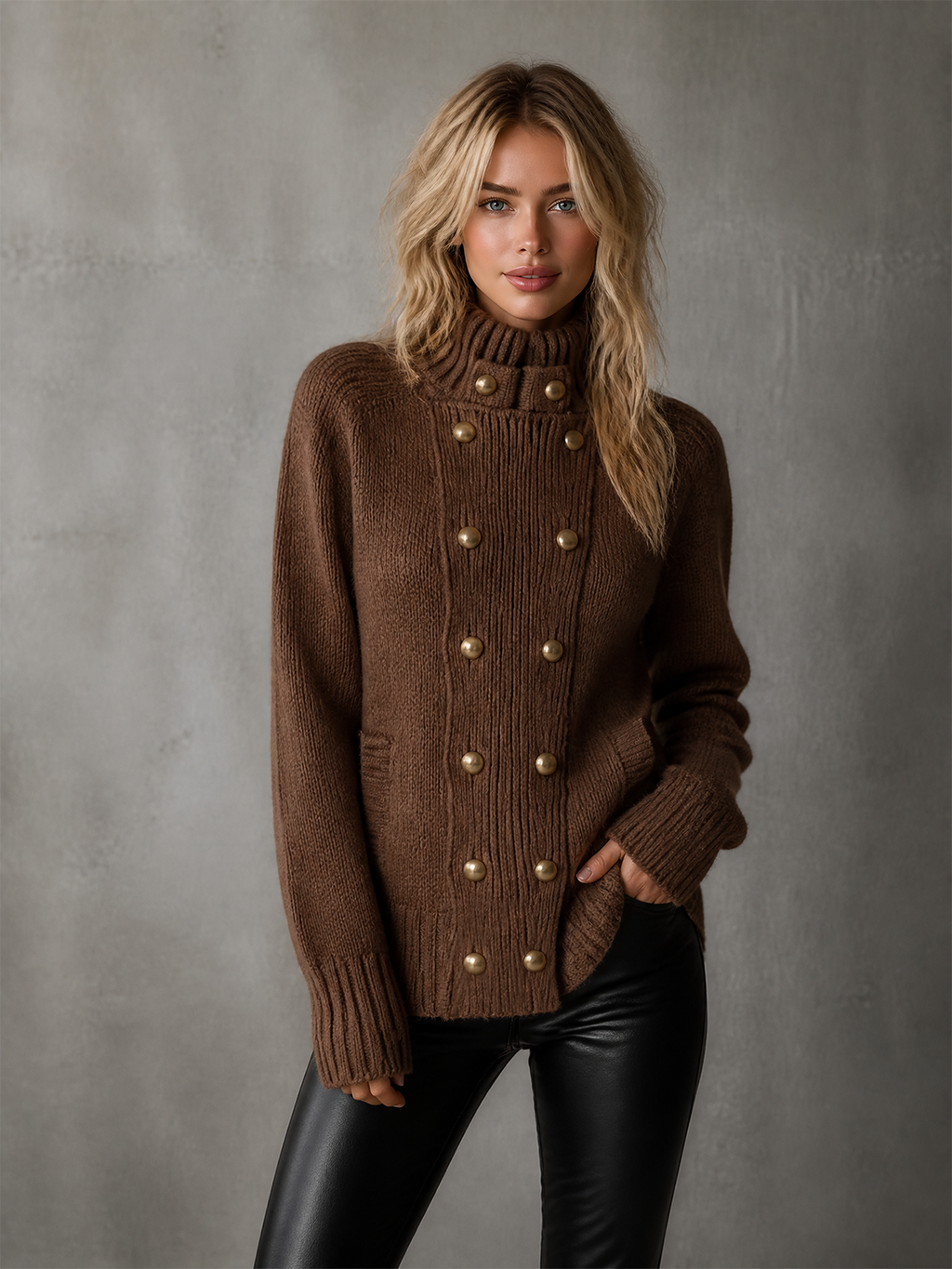 Chic Casual Brown Stand Collar Double Breasted Long-Sleeve Gold Button Loose-Fit Chunky Knit Cardigan