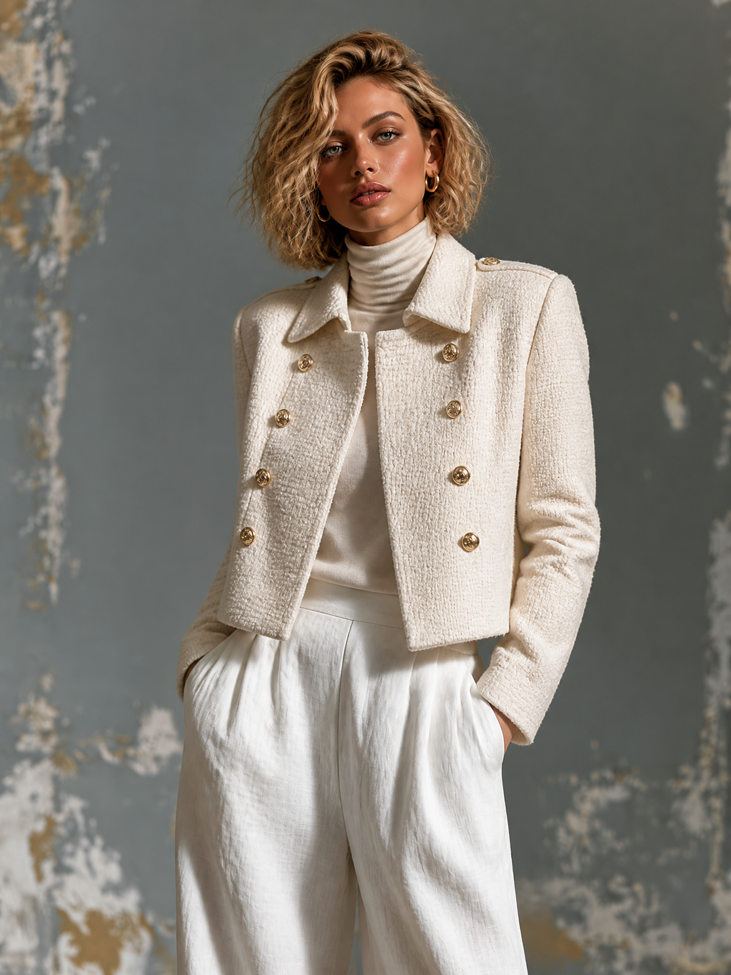 Chic Elegant Cream White Lapel Collar Gold Button Long-Sleeve Loose-Fit Tweed Fabric Coat Jacket