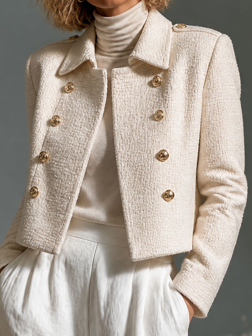 Chic Elegant Cream White Lapel Collar Gold Button Long-Sleeve Loose-Fit Tweed Fabric Coat Jacket