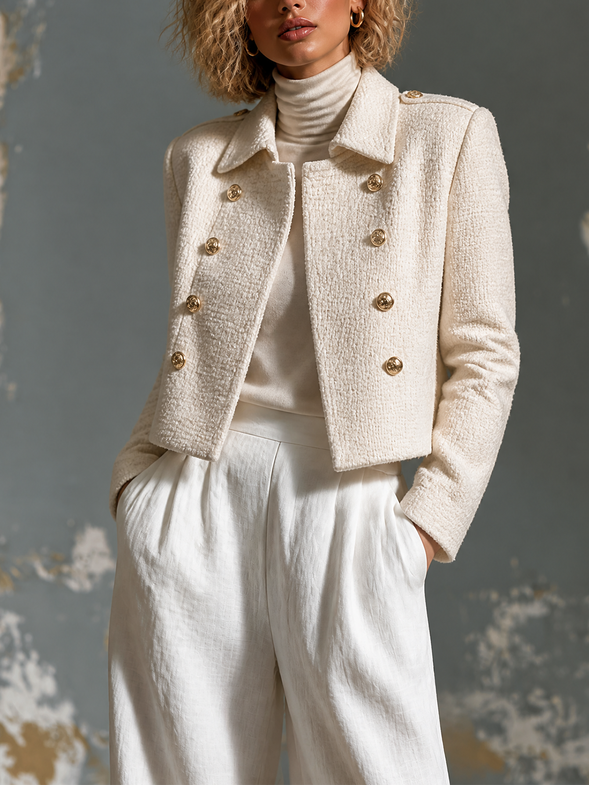 Chic Elegant Cream White Lapel Collar Gold Button Long-Sleeve Loose-Fit Tweed Fabric Coat Jacket