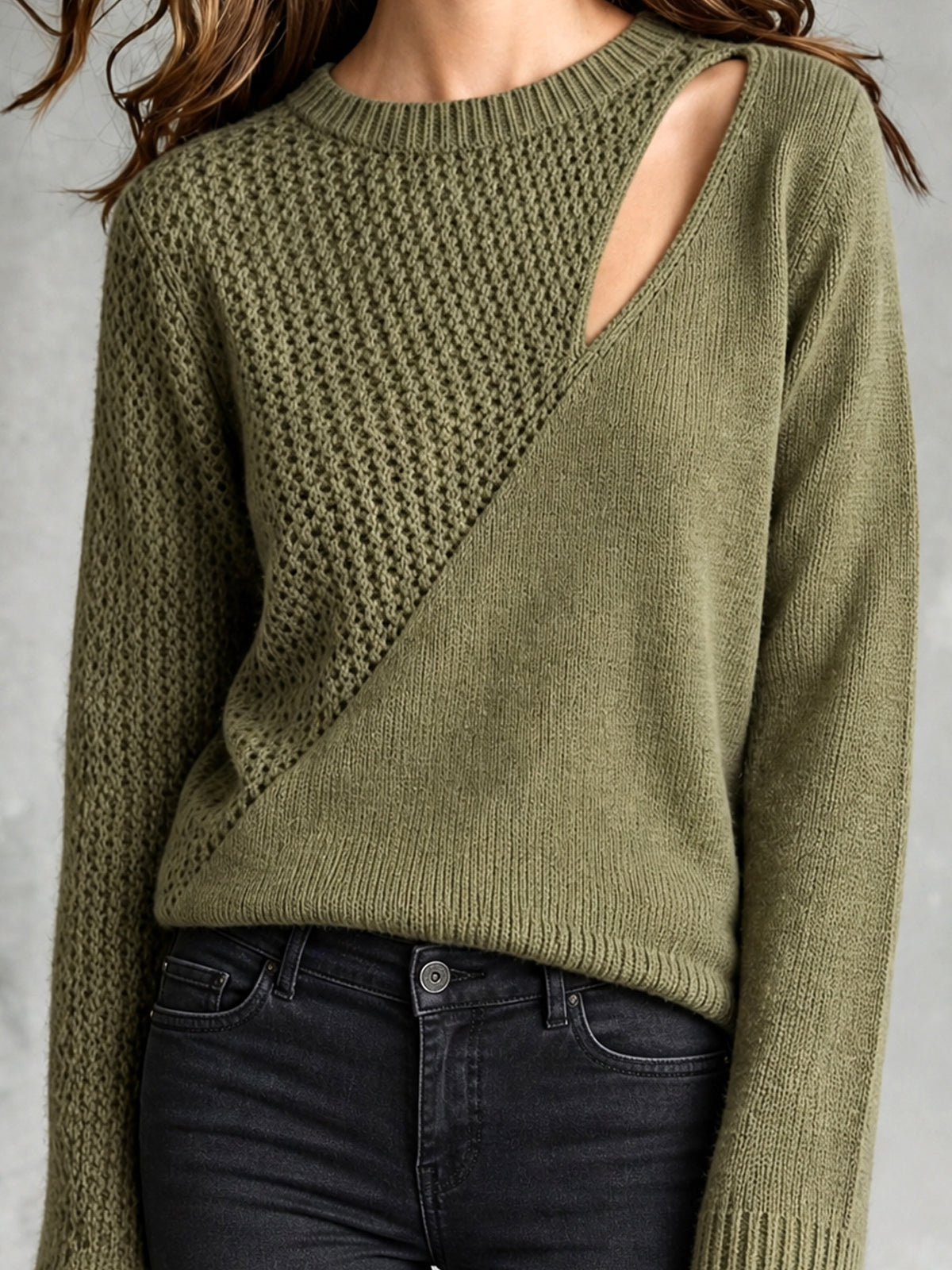 Chic Casual Army Green Round-Neck Long-Sleeve Patchwork Cutout Detail Loose-Fit Wool Blend Knit Sweater