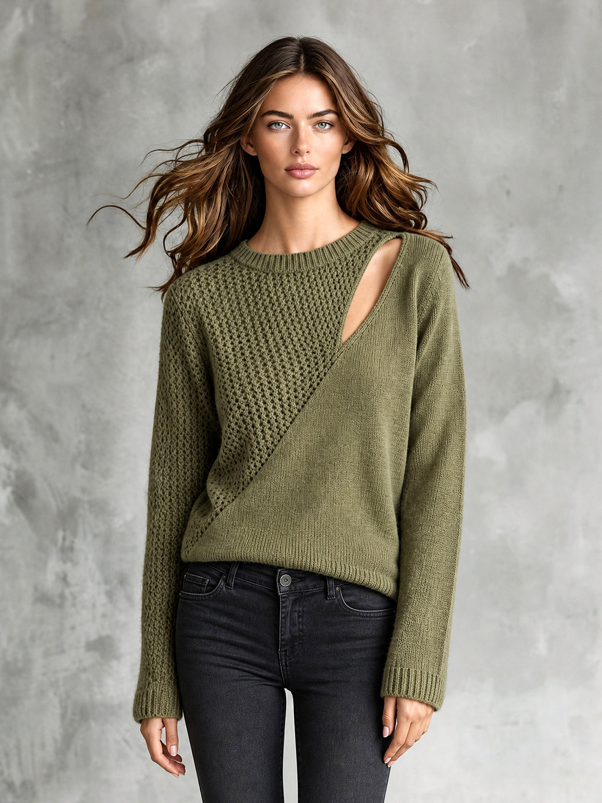 Chic Casual Army Green Round-Neck Long-Sleeve Patchwork Cutout Detail Loose-Fit Wool Blend Knit Sweater