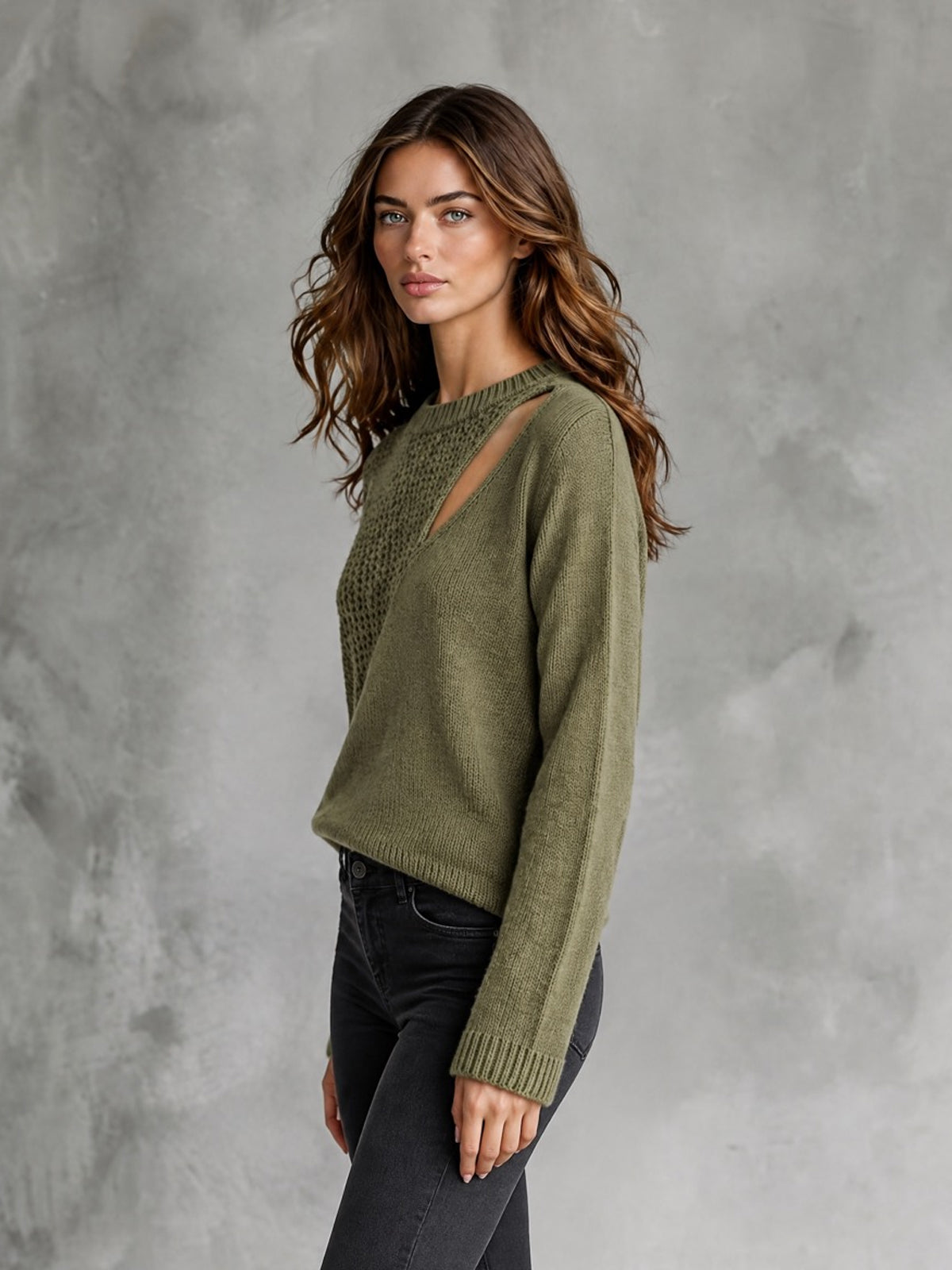 Chic Casual Army Green Round-Neck Long-Sleeve Patchwork Cutout Detail Loose-Fit Wool Blend Knit Sweater