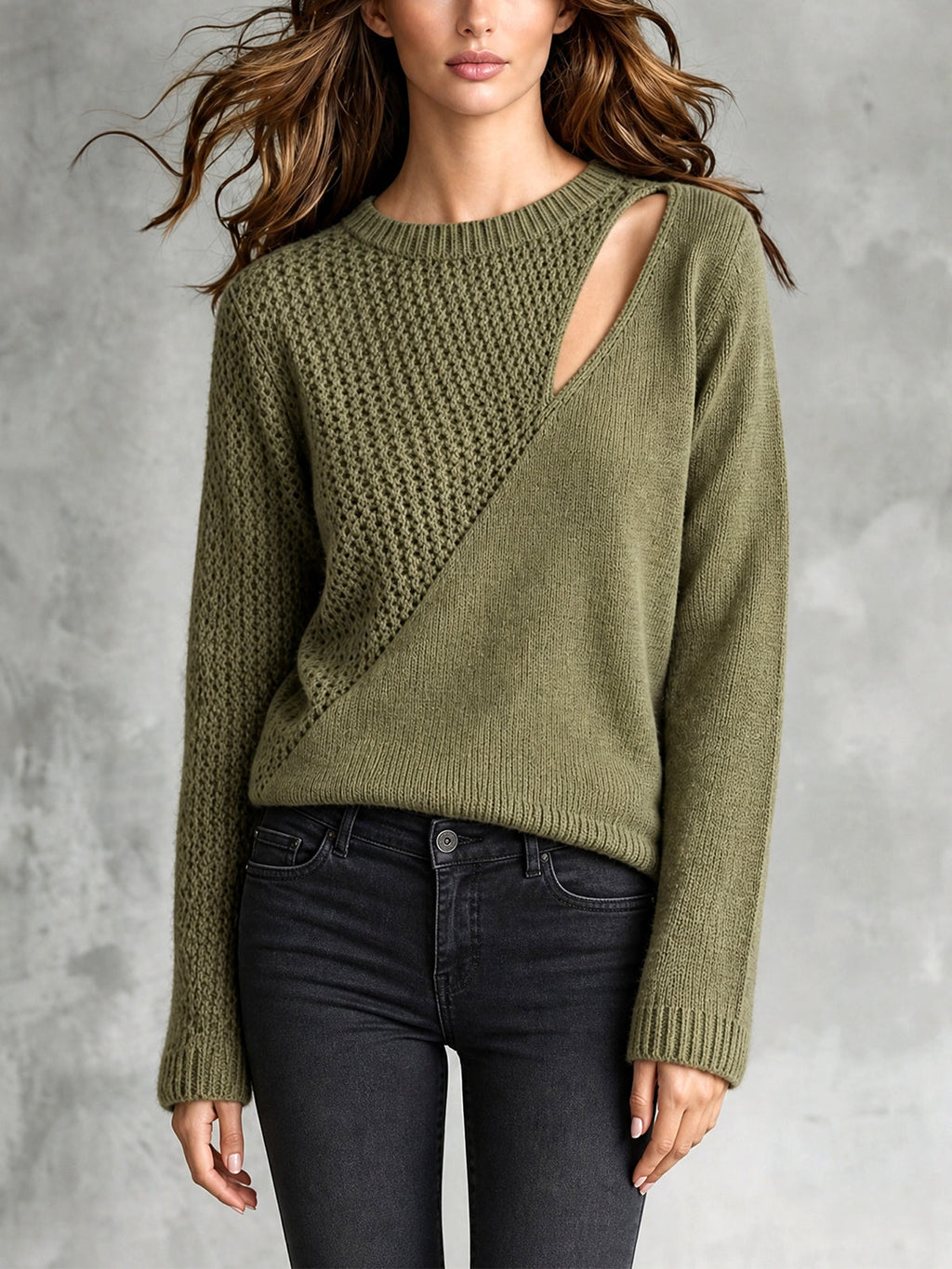 Chic Casual Army Green Round-Neck Long-Sleeve Patchwork Cutout Detail Loose-Fit Wool Blend Knit Sweater