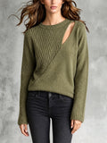 Chic Casual Army Green Round-Neck Long-Sleeve Patchwork Cutout Detail Loose-Fit Wool Blend Knit Sweater