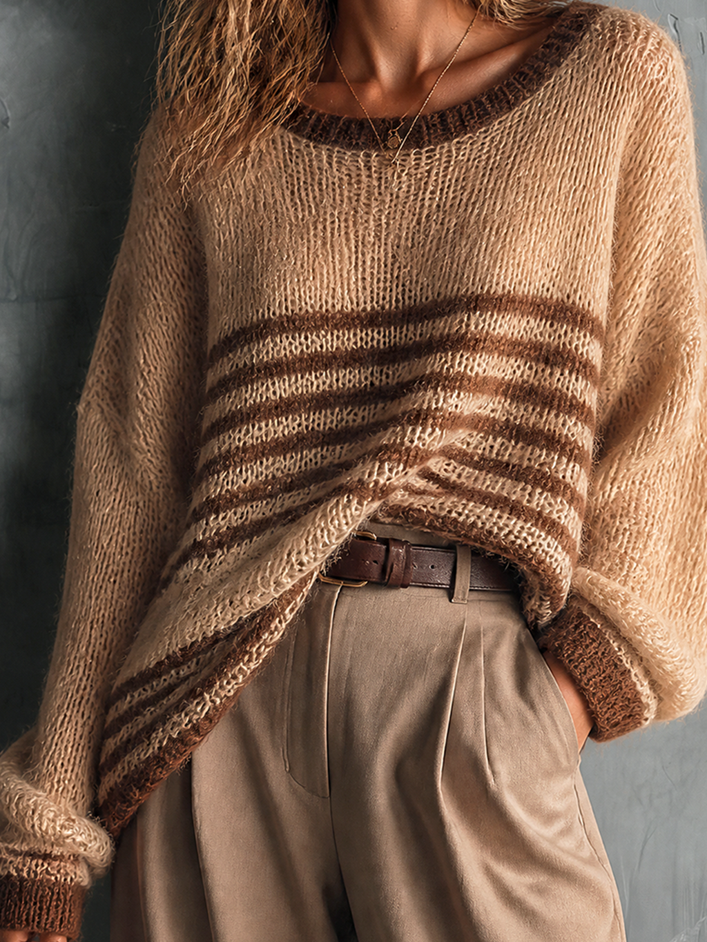 Chic Casual Camel-Brown Stripes Round-Neck Dropped Shoulder Long Sleeve Loose-Fit Mohair Blend Knit Sweater