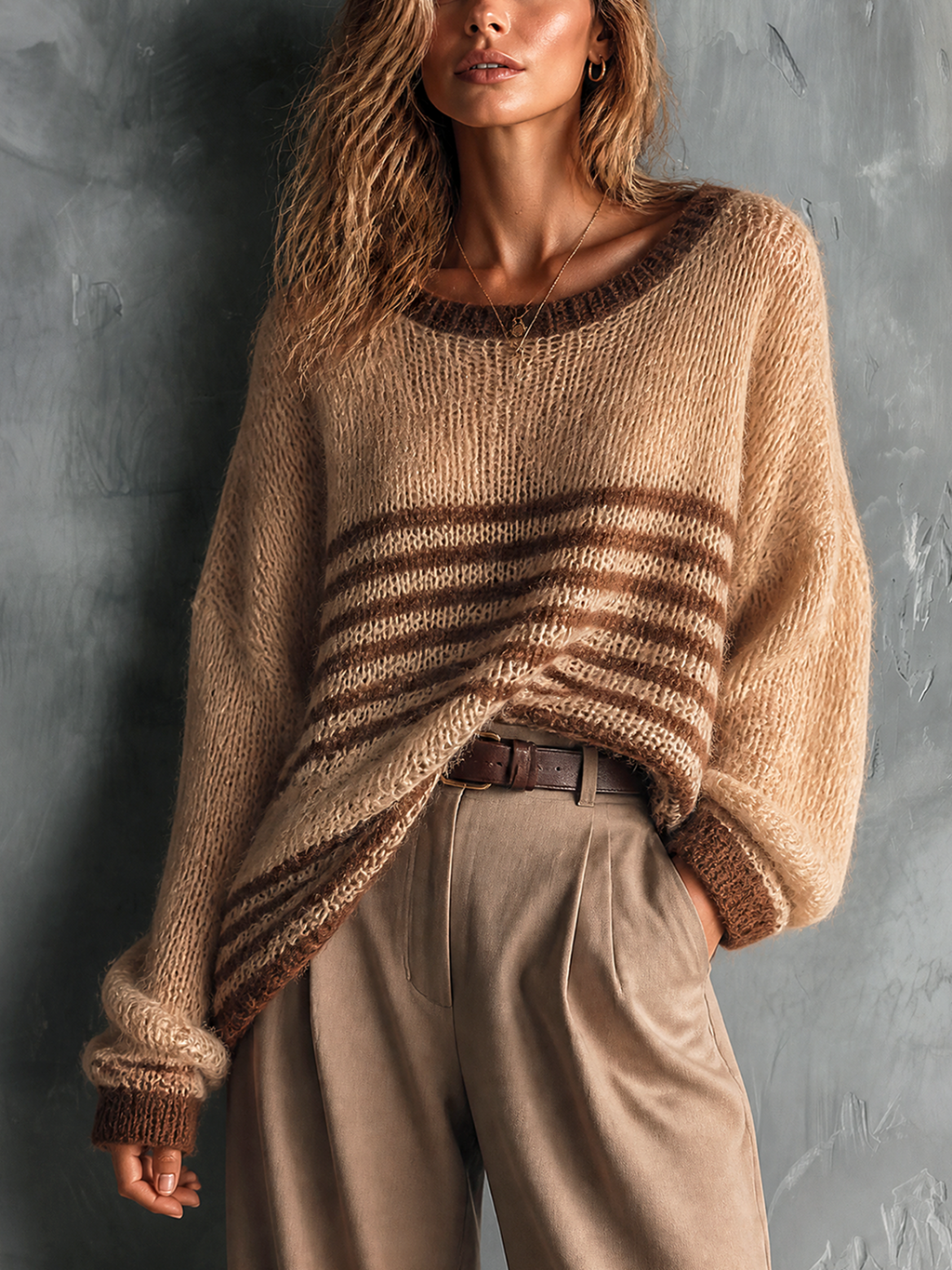 Chic Casual Camel-Brown Stripes Round-Neck Dropped Shoulder Long Sleeve Loose-Fit Mohair Blend Knit Sweater