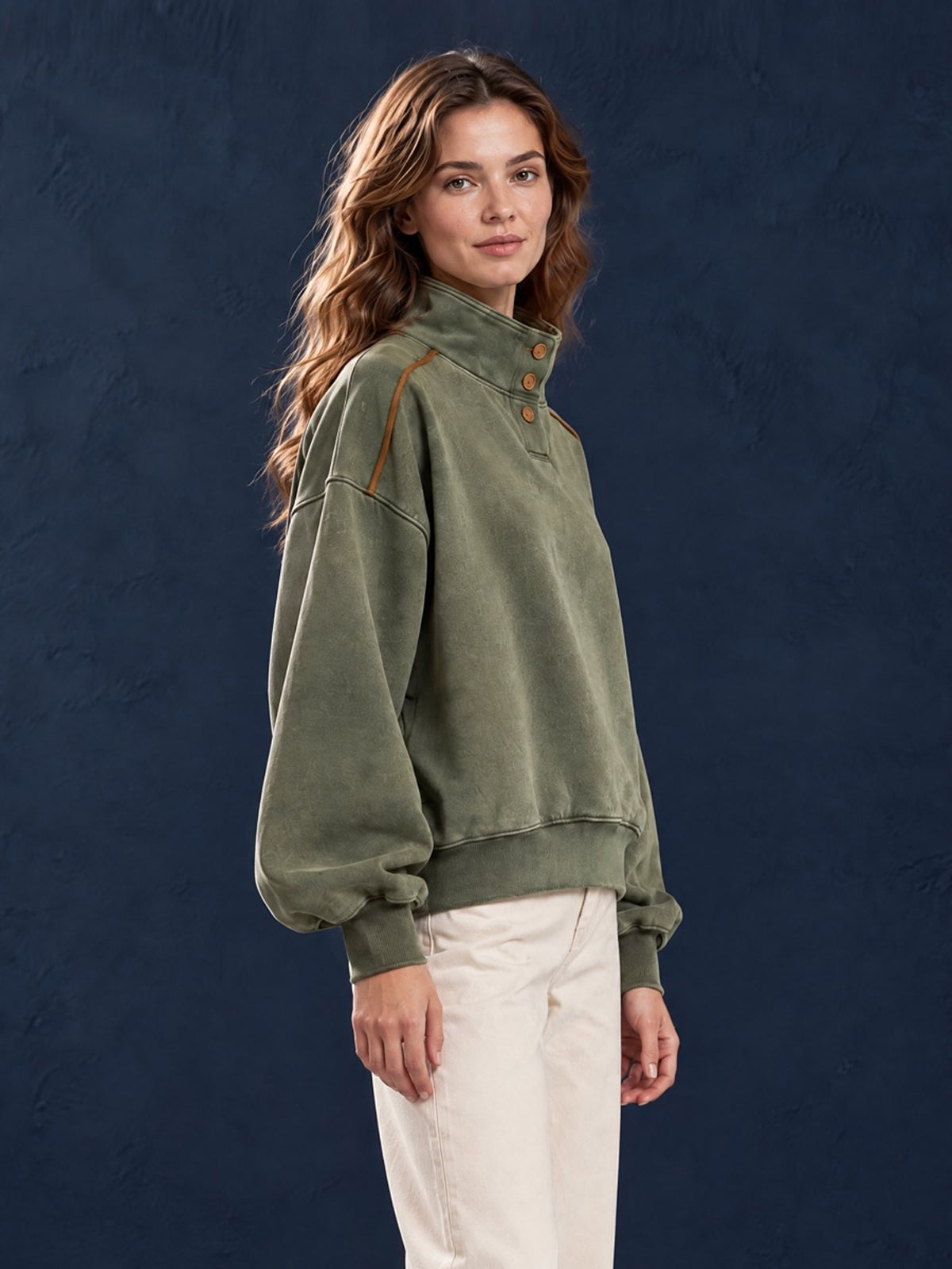 Chic Casual Army Green Cotton Blend Distressed Washed Stand Collar Long-Sleeve Trim Detail Loose-Fit Sweatshirt