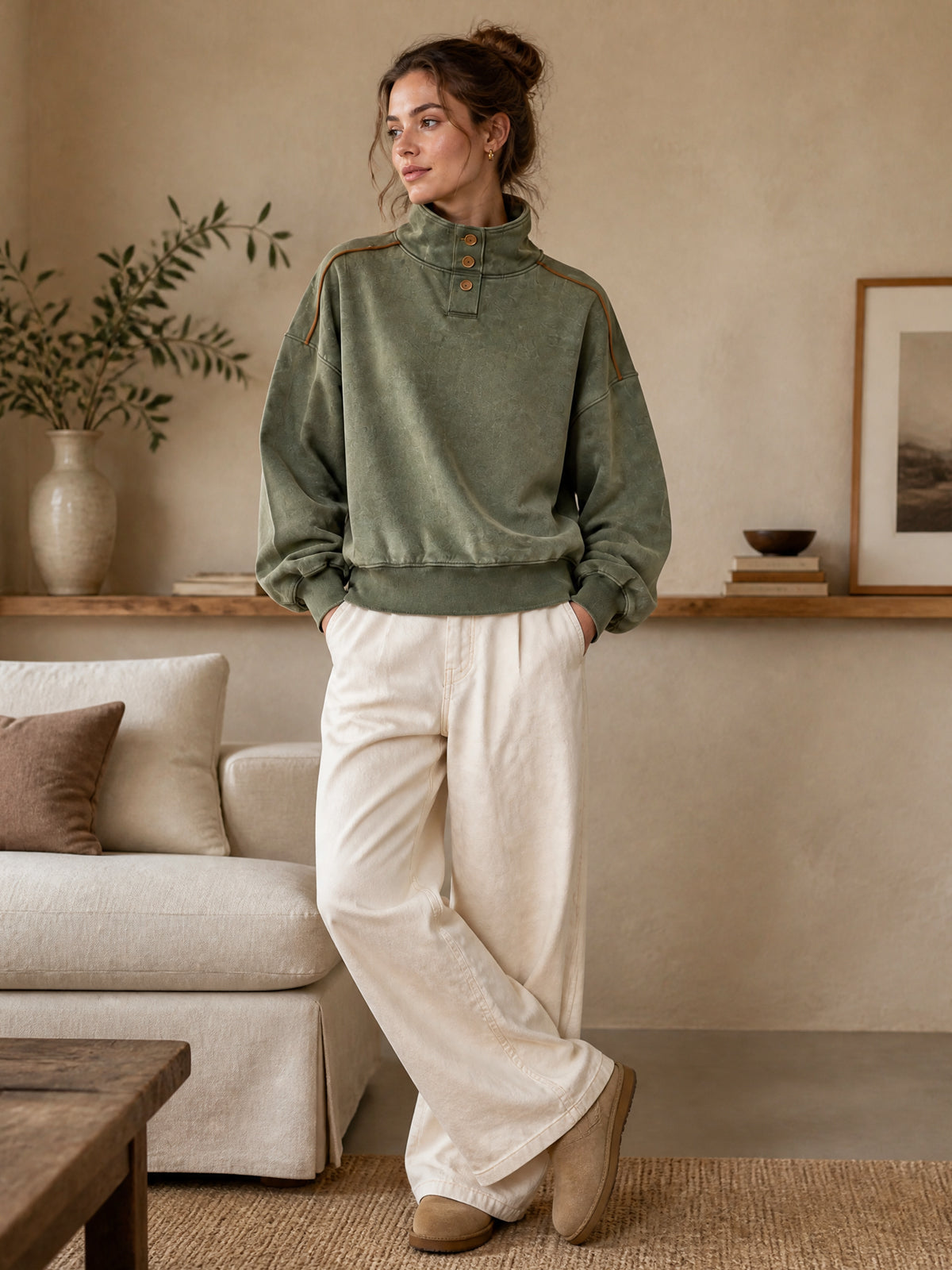 Chic Casual Army Green Cotton Blend Distressed Washed Stand Collar Long-Sleeve Trim Detail Loose-Fit Sweatshirt