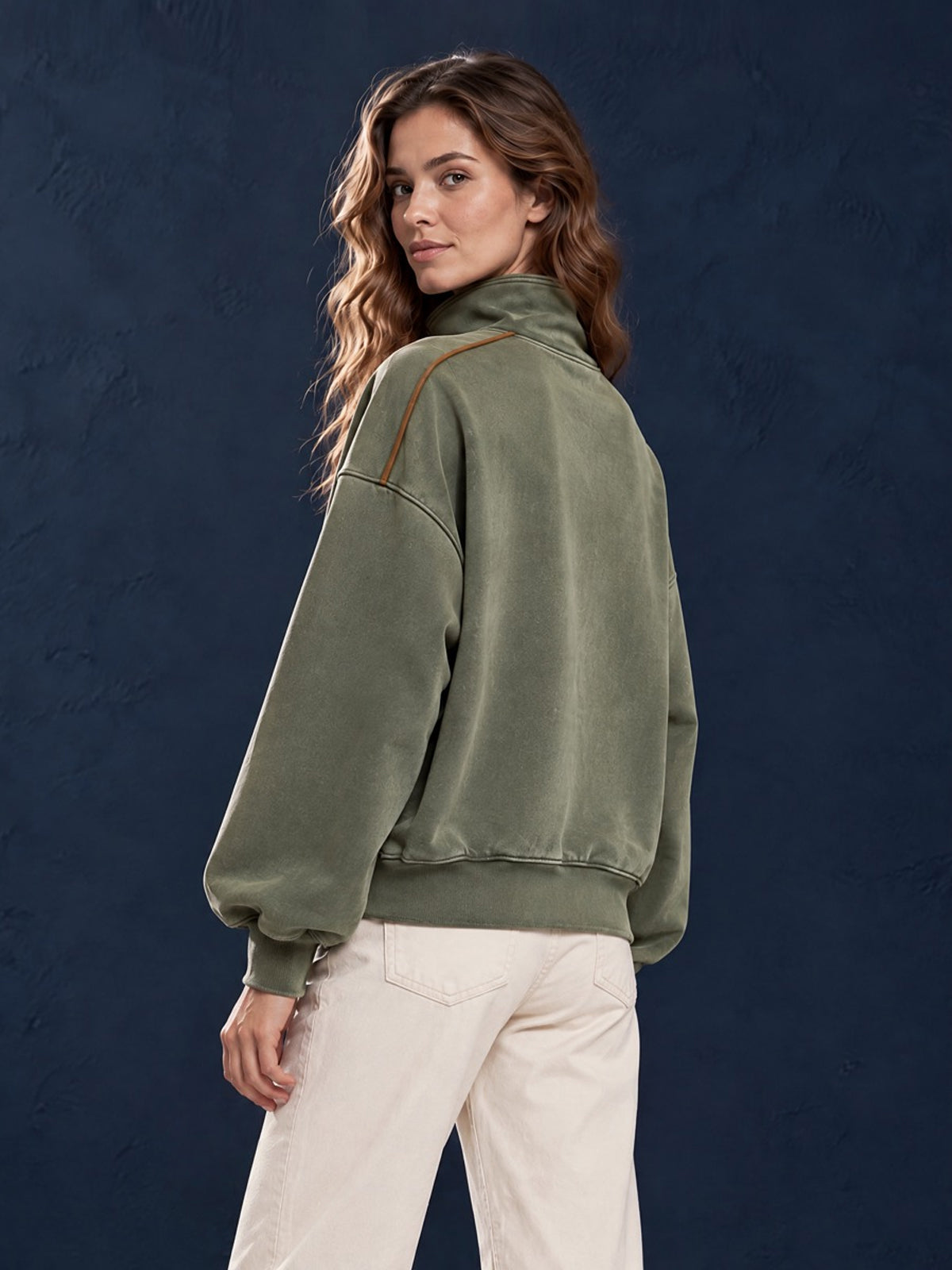 Chic Casual Army Green Cotton Blend Distressed Washed Stand Collar Long-Sleeve Trim Detail Loose-Fit Sweatshirt