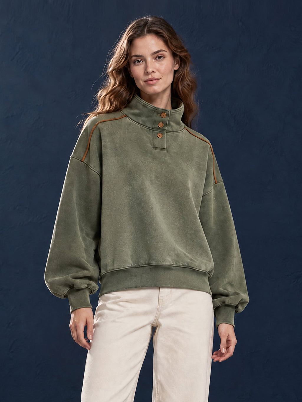 Chic Casual Army Green Cotton Blend Distressed Washed Stand Collar Long-Sleeve Trim Detail Loose-Fit Sweatshirt