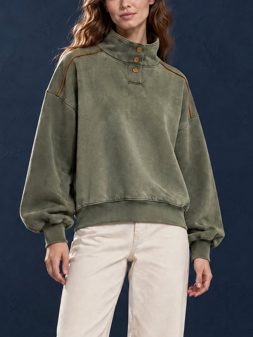 Chic Casual Army Green Cotton Blend Distressed Washed Stand Collar Long-Sleeve Trim Detail Loose-Fit Sweatshirt