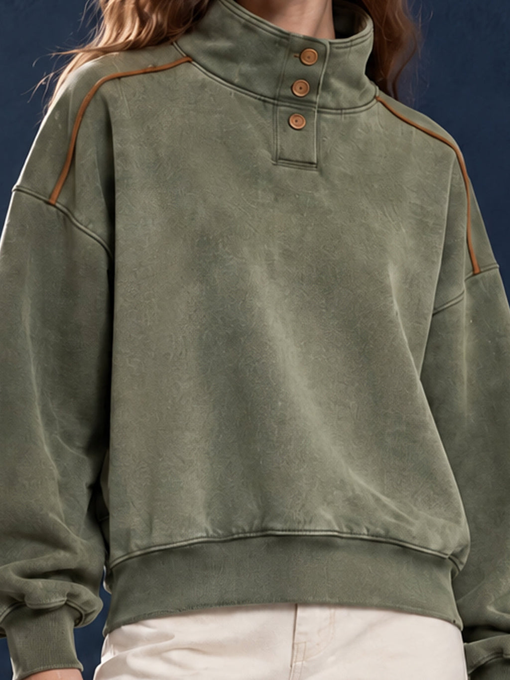 Chic Casual Army Green Cotton Blend Distressed Washed Stand Collar Long-Sleeve Trim Detail Loose-Fit Sweatshirt
