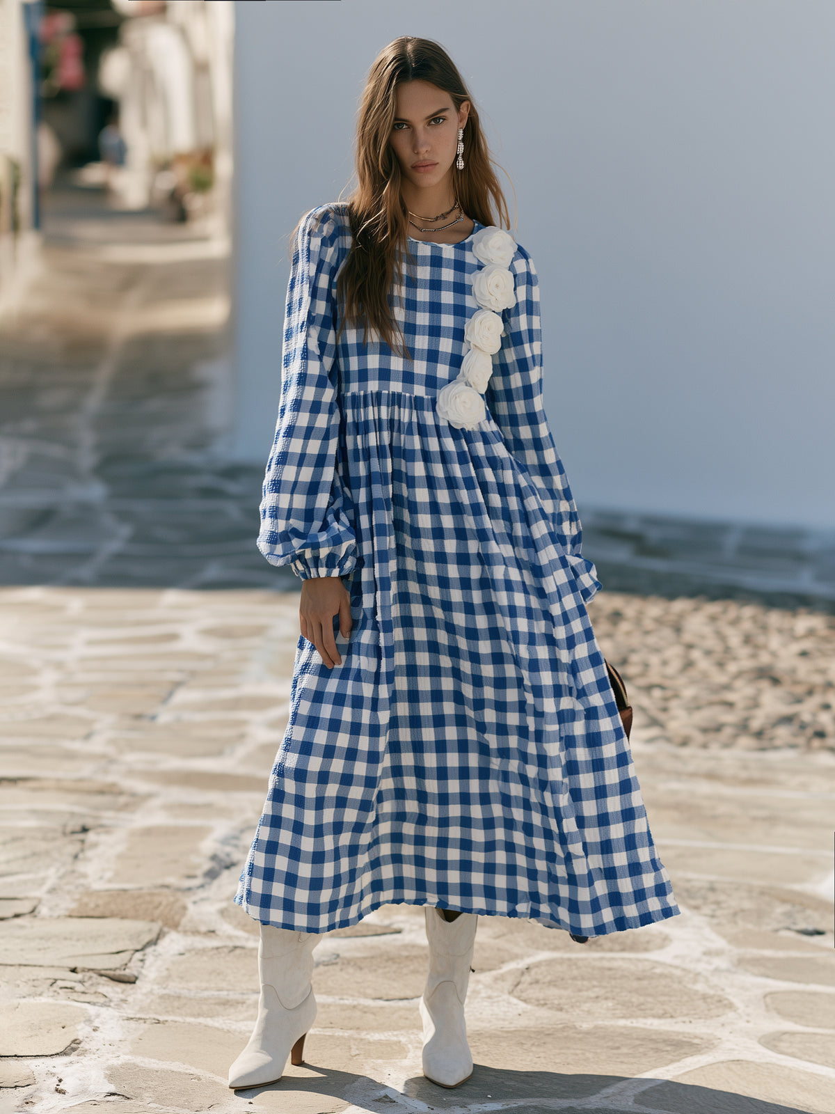 Mediterranean Chic Blue White Gingham Seersucker 3D Floral Applique Long Sleeve Maxi Dress