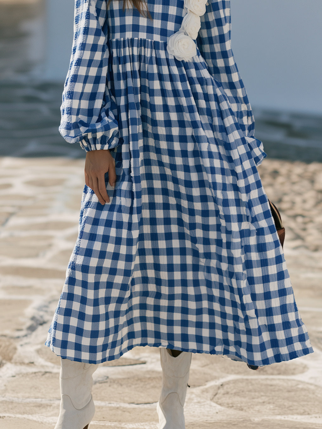 Mediterranean Chic Blue White Gingham Seersucker 3D Floral Applique Long Sleeve Maxi Dress
