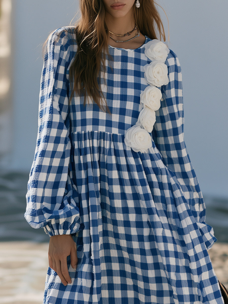 Mediterranean Chic Blue White Gingham Seersucker 3D Floral Applique Long Sleeve Maxi Dress