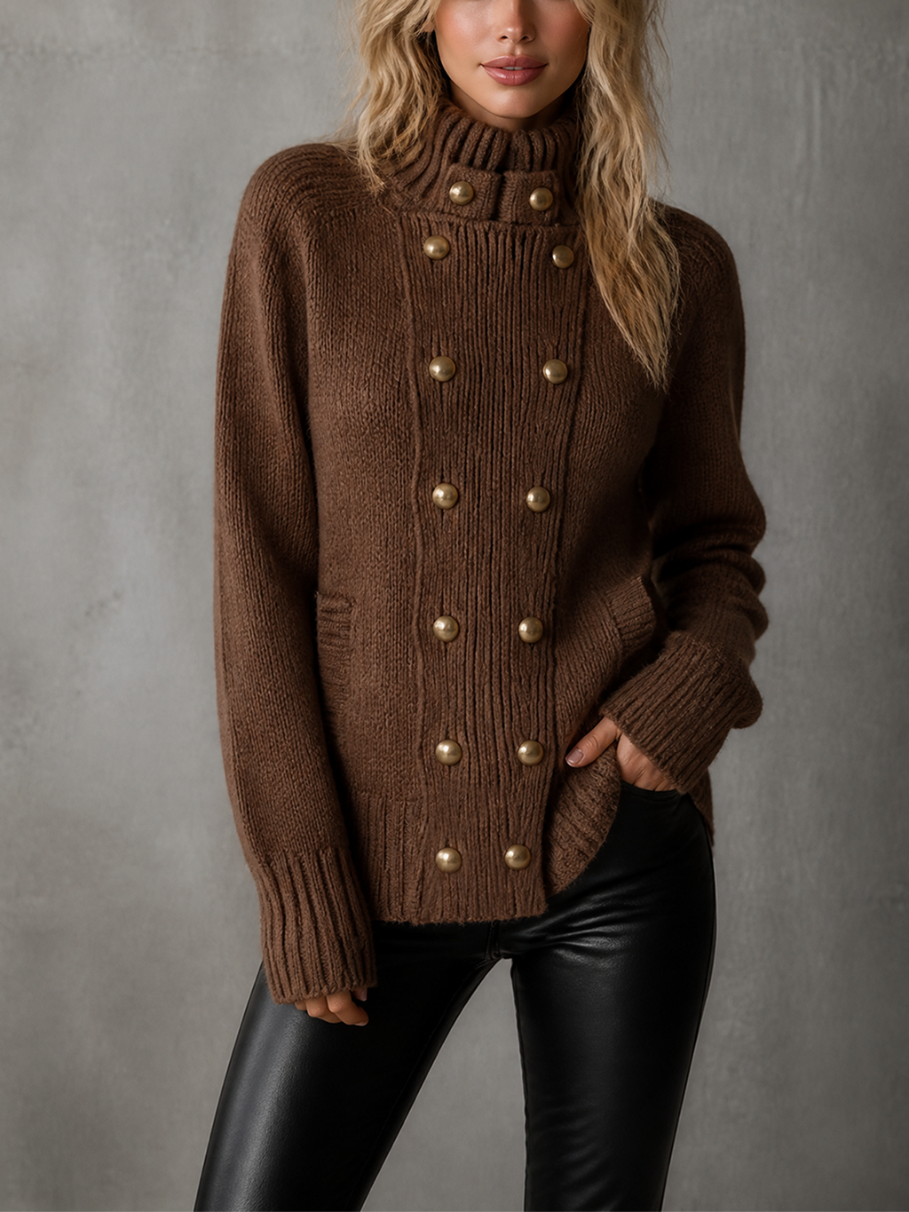 Chic Casual Brown Stand Collar Double Breasted Long-Sleeve Gold Button Loose-Fit Chunky Knit Cardigan