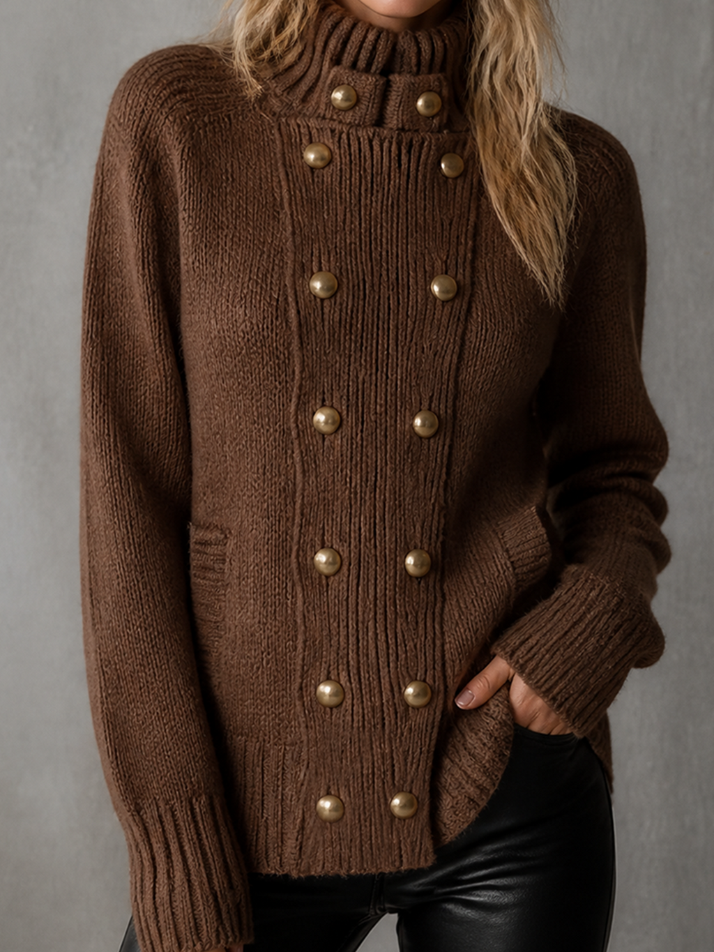 Chic Casual Brown Stand Collar Double Breasted Long-Sleeve Gold Button Loose-Fit Chunky Knit Cardigan