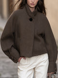Mediterranean Old Money Brown Herringbone Wool Blend Stand Collar Cropped Coat